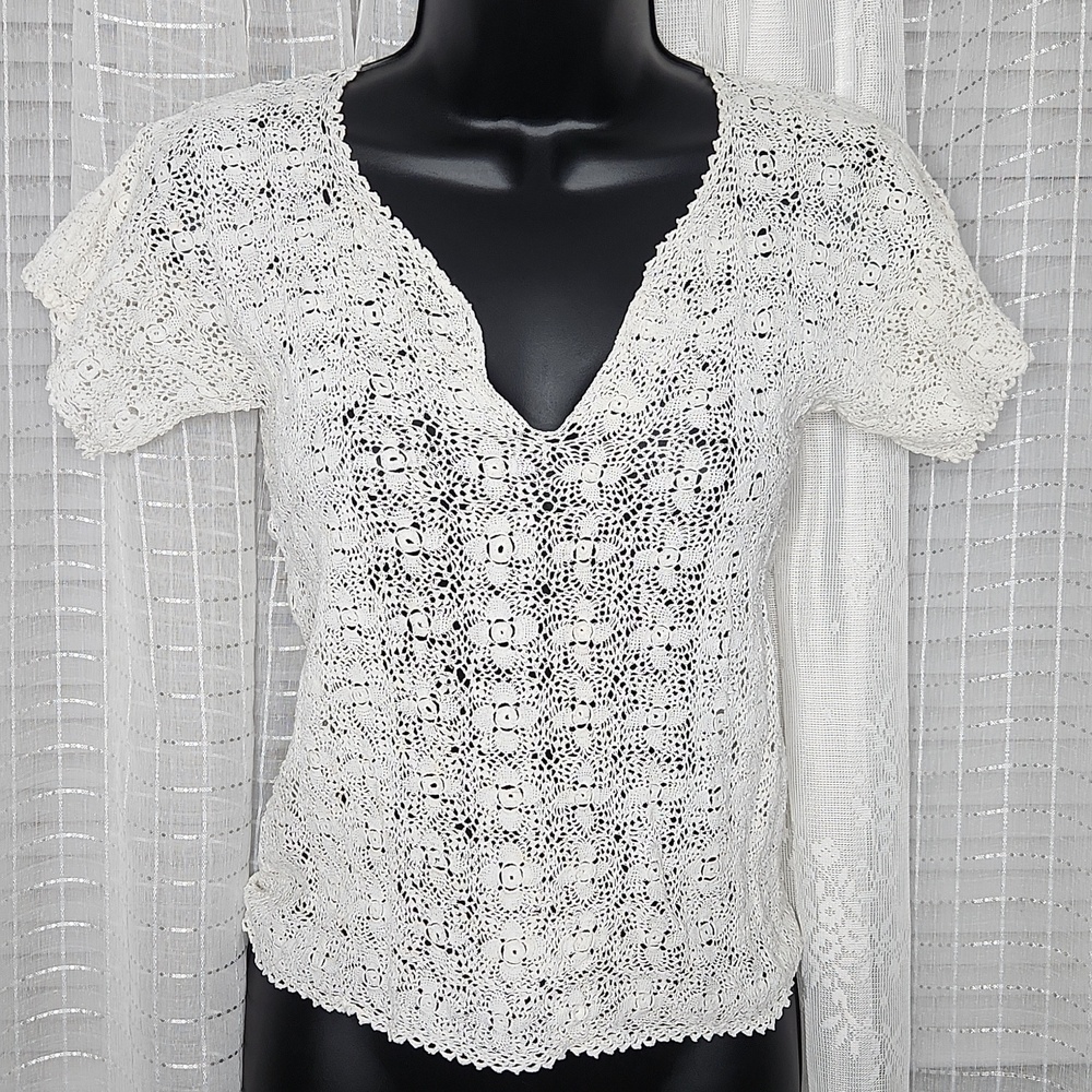 Vintage 1900's Hand Crochet Cream White V-Neck Short Sleeve Shirt SzXS